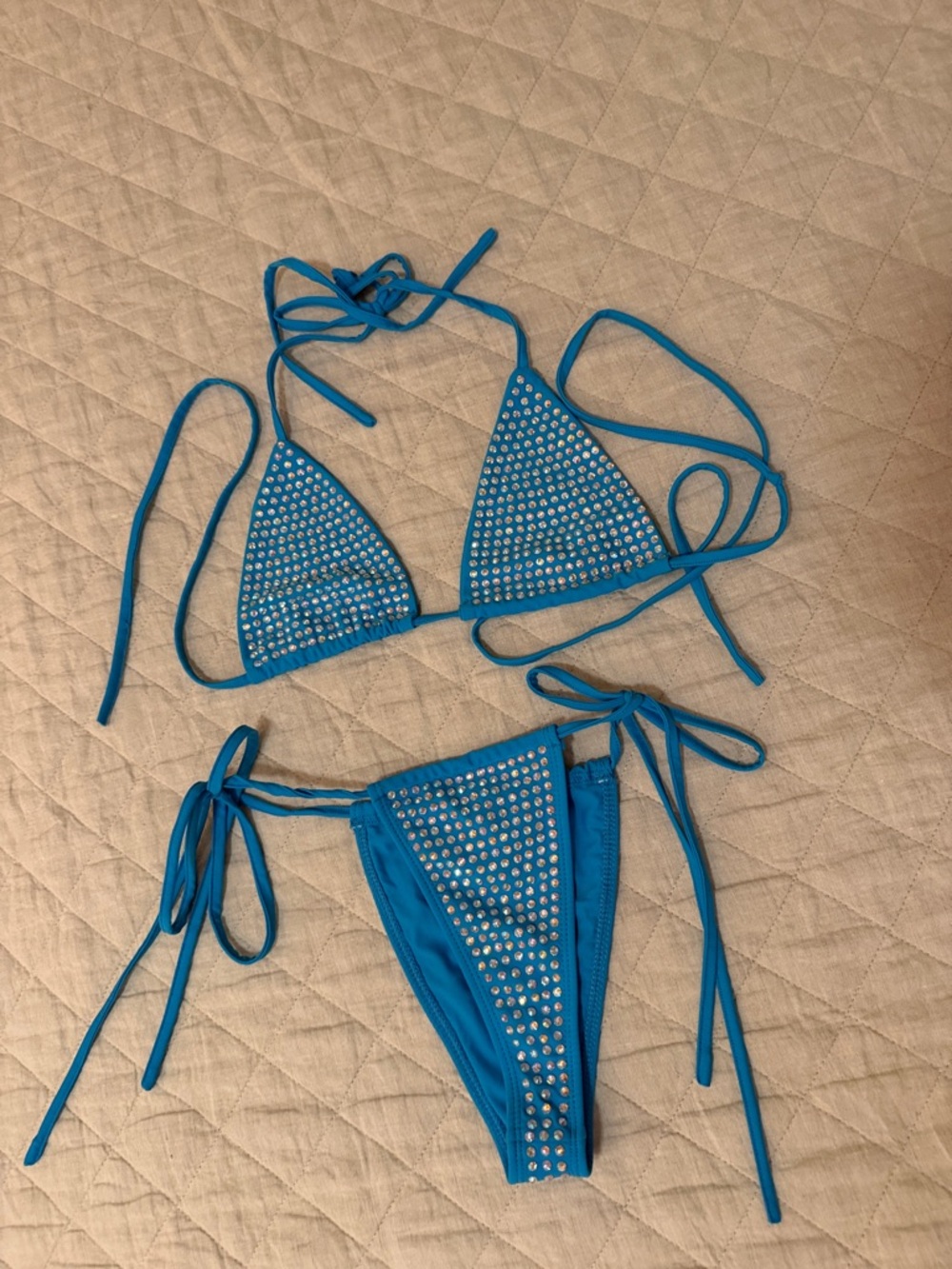 Blue Rhinestone Tie-Side Triangle Bikini